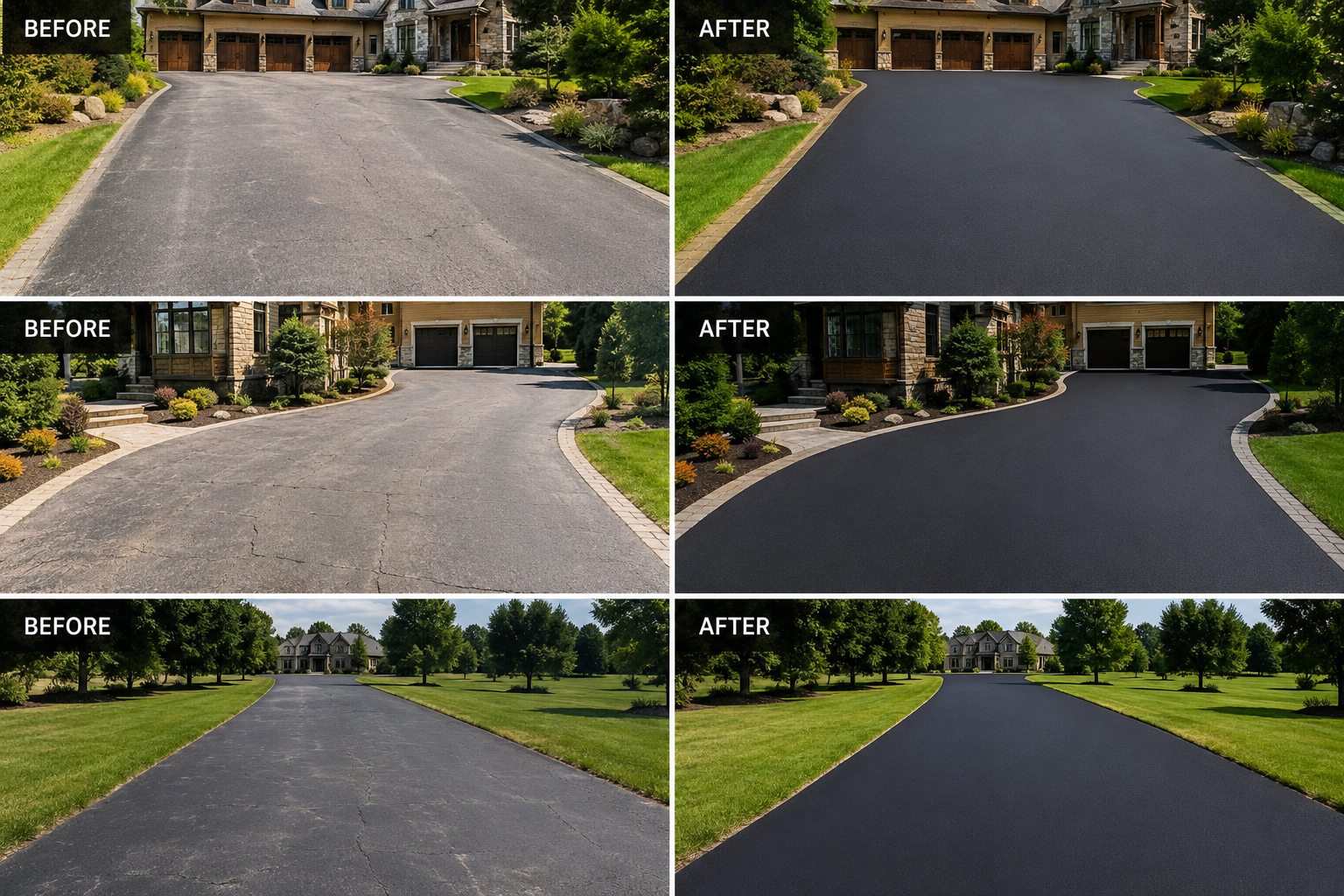 Before and after photos of three asphalt driveways sealcoated by South Sound Sealcoating